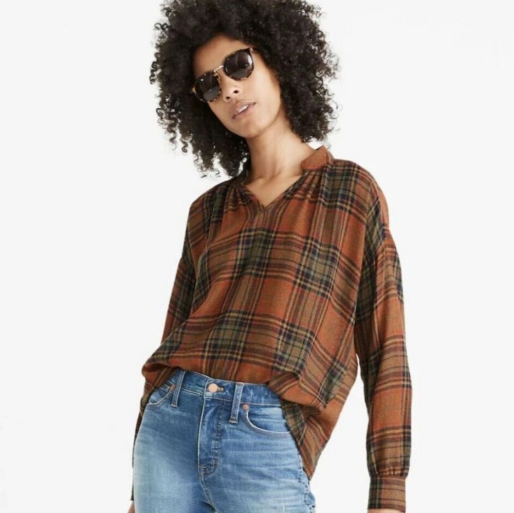 MADEWELL HIGHROAD BRENTFORD PLAID WOOL BLEND POPOVER TOP EXCELLENT LARGE